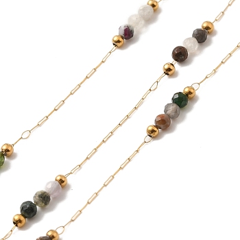 Ion Plating(IP) Real 18K Gold Plated 316 Surgical Stainless Steel Link Chains, with Natural Gemstone Round Beads, Soldered, with Spool, 2x1x0.1mm