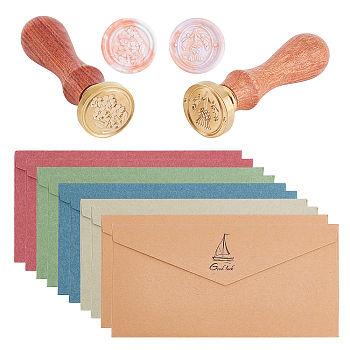 CRASPIRE DIY Scrapbook Making Kits, Including Brass Wax Seal Stamp and Wood Handle, Gold Foil Western Style Paper Envelope, Mixed Color, 8.9x2.5cm, Stamps: 25x14.5mm, 2 aptterns, 1pc/pattern, 2pcs