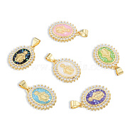 Brass Micro Pave Clear Cubic Zirconia Pendants, with Enamel and Shell, Real 18K Gold Plated, Nickel Free, Oval with Virgin Mary, Mixed Color, 19.5x14.5x4mm, Hole: 3x4mm(KK-N227-96)