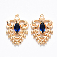 Brass Glass Pendants, Nickel Free, Heart, Real 18K Gold Plated, Dark Blue, 17x12x3mm, Hole: 0.8mm(KK-T049-057G-02-NF)