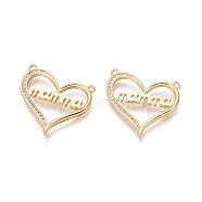 Brass Pendants, with Clear Cubic Zirconia, Heart with Word Mamma, for Mother's Day, Golden, 22x24x2mm, Hole: 1.2mm(ZIRC-L087-001G)
