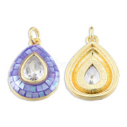 Brass Pave Clear Cubic Zirconia Pendants, with Jump Rings and Shell, Enamel, Real 18K Gold Plated, Nickel Free, Teardrop, Medium Purple, 19x13.5x4.5mm, Jump Ring: 5x1mm, 3mm inner diameter(KK-N227-94A)