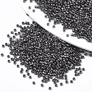 Electroplate Glass Seed Beads, Fit for Machine Eembroidery, Metallic Colours, Round, Black Plated, 11/0, 2x1.5mm, Hole: 1mm, about 30000pcs/bag(SEED-S042-01B-01)