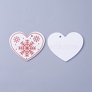 Poplar Wood Pendants, Dyed, Heart with Snowflake, White, 51x62x3mm, Hole: 3mm(WOOD-O004-23B)