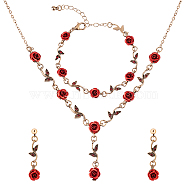 ANATTASOUL Siam Rhinestone Rose Flower Dangle Stud Earrings & Link Chain Bracelet & Lariat Necklace, Aluminium Jewelry Set for Women, Red Copper, 15.75 inch(40cm), 6-7/8 inch(17.5cm), 36mm, Pin: 0.8mm(SJEW-AN0001-13)
