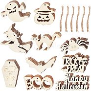 Wooden Ornaments, with Jute Twine, Halloween Hanging Decorations, for Party Gift Home Decoration, Mixed Color, 48.5~90x53.5~112x2.5mm, hole: 2.5~4.5mm, 10set/bag(WOOD-PH0009-31)