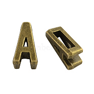 Tibetan Style Alloy Letter Slide Charms, Cadmium Free & Nickel Free & Lead Free, Letter.A, 11x2~8x4mm, Hole: 7x2mm, about 1135pcs/1000g(TIBEB-Q055-01AB-NR)