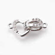 Brass Micro Pave Cubic Zirconia Fold Over Clasps, Heart, Clear, Real Platinum Plated, 18mm, Hole: 1.2mm(KK-P164-09P)