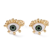 Brass Cuff Rings, Open Rings, with Resin Beads, Long-Lasting Plated, Real 18K Gold Plated, Evil Eye, Sea Green, 2.5mm, Inner Diameter: 17.5mm(RJEW-M138-27G-E)