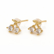 Brass Stud Earrings, with Clear Cubic Zirconia and Ear Nuts, Cherry, Golden, 6.8x7.5mm, Pin: 0.9mm(EJEW-L247-03G)