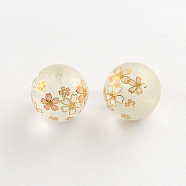 Flower Picture Frosted Transparent Glass Round Beads, with Gold Metal Enlaced, Old Lace, 14x13mm, Hole: 1.5mm(X-GFB-R004-14mm-H12)