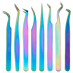 8Pcs 8 Styles 430 Stainless Steel Eyelash Tweezers Clips, Makeup Tools, Rainbow Color, 11.2~11.3x0.8~0.95x0.35~0.45cm, 1pc/style(TOOL-FH0001-57)