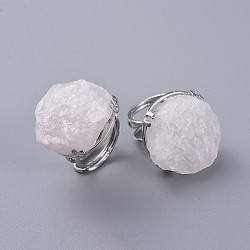 Adjustable Natural Rough Raw Rose Quartz Finger Rings, with Brass Findings, Nuggets, Platinum, Size 8~9, 18~19.5mm(RJEW-F100-02P)