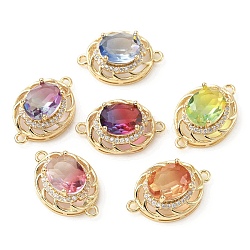 Brass K9 Glass Connector Charms, with Crystal Rhinestone, Light Gold Tone Flat Round Links, Mixed Color, 21x14x9mm, Hole: 1.5mm(KK-C024-25KCG)