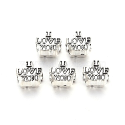 Tibetan Style Alloy European Beads for Valentine's Day, Large Hole Beads, Cadmium Free & Lead Free, Word I Love You, Antique Silver, 11x11x7mm, Hole: 5mm, about 550pcs/1000g(TIBE-N006-87AS-LF)