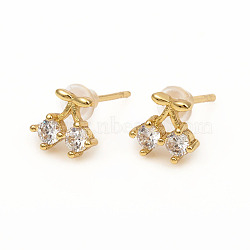 Brass Stud Earrings, with Clear Cubic Zirconia and Ear Nuts, Cherry, Golden, 6.8x7.5mm, Pin: 0.9mm(EJEW-L247-03G)