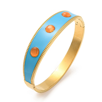 Deep Sky Blue Enamel Bangles with Glass Beaded, Ion Plating(IP) 304 Stainless Steel Rhombus Bangle for Women, Real 18K Gold Plated, Inner Diameter: 2-3/8 inch(5.95cm)