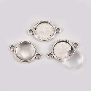 DIY Links Making, with Alloy Cabochon Connector Settings and Clear Glass Cabochons, Flat Round, Antique Silver, Connector Setting: 25x17x2mm, Hole: 2mm, Tray: 14mm, Glass Cabochon: 13.5~14x4mm, 2pcs/set