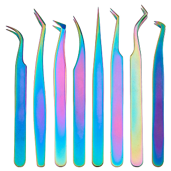 8Pcs 8 Styles 430 Stainless Steel Eyelash Tweezers Clips, Makeup Tools, Rainbow Color, 11.2~11.3x0.8~0.95x0.35~0.45cm, 1pc/style
