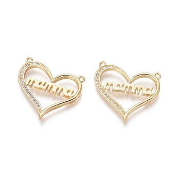 Brass Pendants, with Clear Cubic Zirconia, Heart with Word Mamma, for Mother's Day, Golden, 22x24x2mm, Hole: 1.2mm
