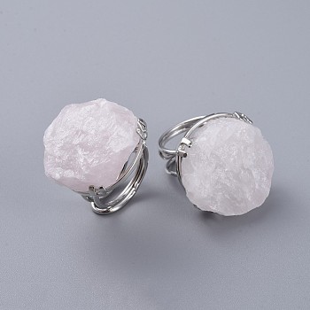 Adjustable Natural Rough Raw Rose Quartz Finger Rings, with Brass Findings, Nuggets, Platinum, Size 8~9, 18~19.5mm