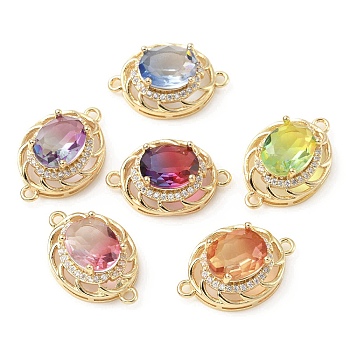Brass K9 Glass Connector Charms, with Crystal Rhinestone, Light Gold Tone Flat Round Links, Mixed Color, 21x14x9mm, Hole: 1.5mm