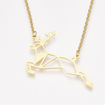 201 Stainless Steel Pendant Necklaces, with Cable Chains, Christmas Reindeer/Stag, Golden, 17.5 inch(44.5cm), 2mm, Reindeer: 42.5x36.5x1mm
