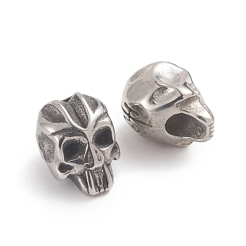 Halloween 304 Stainless Steel Beads, Skull Head, Antique Silver, 10x7.5x8mm, Hole: 2.8mm