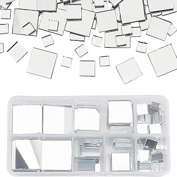 Glass Cabochons, Mirror Mosaic Border Craft Tiles, for Home Decoration or DIY Crafts, Square, Clear, 10~23x10~23x3.54mm, 119pcs