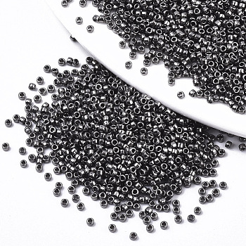 Electroplate Glass Seed Beads, Fit for Machine Eembroidery, Metallic Colours, Round, Black Plated, 11/0, 2x1.5mm, Hole: 1mm, about 30000pcs/bag