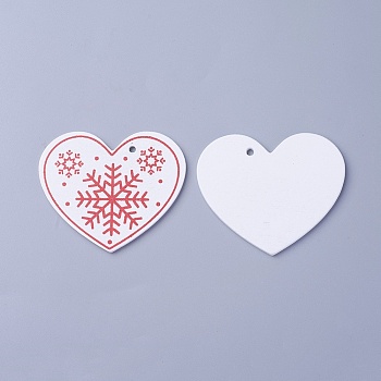Poplar Wood Pendants, Dyed, Heart with Snowflake, White, 51x62x3mm, Hole: 3mm