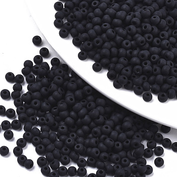 Frosted Colours Glass Beads, Opaque Colours, Round, Black, 4x3mm, Hole: 1mm, about 4500pcs/bag