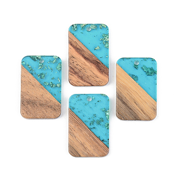 Transparent Resin & Walnut Wood Pendants, with Gold Foil, Rectangle, Dark Turquoise, 28x18x3mm, Hole: 2mm