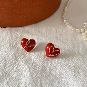 Heart & Word Love Enamel Asymmetrical Earrings, Golden Alloy Stud Earrings with 925 Sterling Silver Pins for Valentine's Day, Red, 15.5x13mm, Pin: 0.6mm