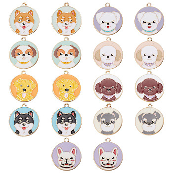 18Pcs 9 Style Alloy Enamel Pendants, Cadmium Free & Lead Free & Nickel Free, Flat Round with Dog, Light Gold, Mixed Color, 27~28x24.5~25.5x1~1.5mm, Hole: 1.6~2mm, 2pcs/style