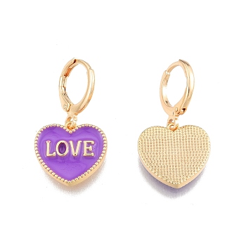 Heart with Word Love Enamel Dangle Leverback Earrings, Real 18K Gold Plated Brass Jewelry for Women, Cadmium Free & Nickel Free & Lead Free, Blue Violet, 28mm, Pin: 1mm