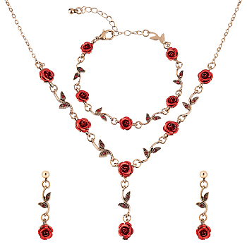 ANATTASOUL Siam Rhinestone Rose Flower Dangle Stud Earrings & Link Chain Bracelet & Lariat Necklace, Aluminium Jewelry Set for Women, Red Copper, 15.75 inch(40cm), 6-7/8 inch(17.5cm), 36mm, Pin: 0.8mm