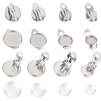 DIY Earring Making, with Transparent Glass Cabochons and 304 Stainless Steel Clip-on Earring Findings, Stainless Steel Color, 8mm/10mm/12mm/14mm, 40pcs/box