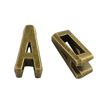 Tibetan Style Alloy Letter Slide Charms, Cadmium Free & Nickel Free & Lead Free, Letter.A, 11x2~8x4mm, Hole: 7x2mm, about 1135pcs/1000g