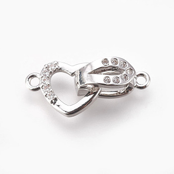 Brass Micro Pave Cubic Zirconia Fold Over Clasps, Heart, Clear, Real Platinum Plated, 18mm, Hole: 1.2mm