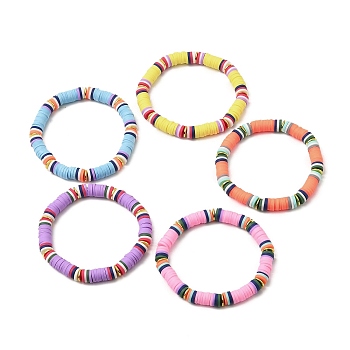 5Pcs 5 Color Polymer Clay Heishi Surfer Stretch Bracelets Set, Stackable Bracelets for Kids, Mixed Color, Inner Diameter: 1-3/4 inch(4.5cm), 1Pc/color