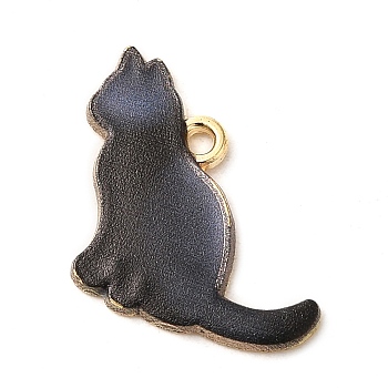 Alloy Enamel Pendants, Cat Charm, Golden, Black, 17x19x1.5mm, Hole: 1.4mm