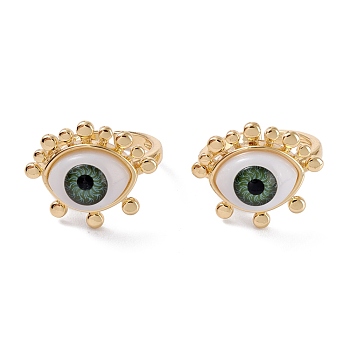 Brass Cuff Rings, Open Rings, with Resin Beads, Long-Lasting Plated, Real 18K Gold Plated, Evil Eye, Sea Green, 2.5mm, Inner Diameter: 17.5mm