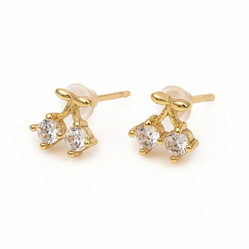 Brass Stud Earrings, with Clear Cubic Zirconia and Ear Nuts, Cherry, Golden, 6.8x7.5mm, Pin: 0.9mm