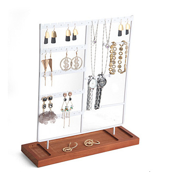 Multi Levels Rectangle Iron Earring Display Stand, Jewelry Display Rack, with Wood Findings Foundation, White, 9.5x30x31cm