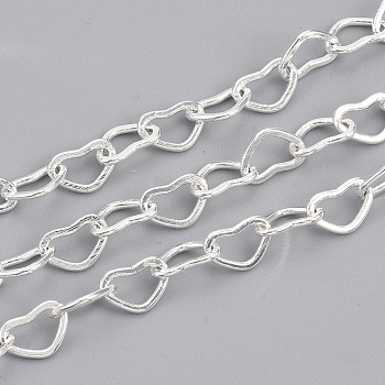 Soldered Brass Covered Iron Heart Chains, with Spool, Silver Color Plated, 5x7x0.7mm, about 328.08 Feet(100m)/roll