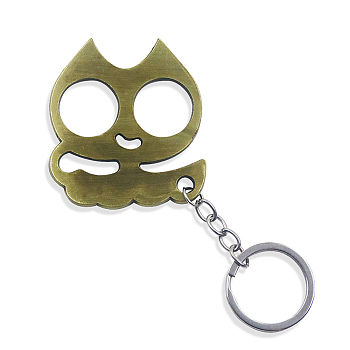 Alloy Cat Head Shape Defense Keychain, Window Glass Breaker Charm Keychain with Iron Findings, Olive Drab, 60x53mm