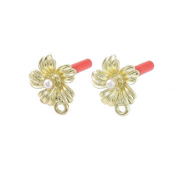 Rack Plating Golden Alloy with ABS Pearl Stud Earring Findings, with Loops and 304 Stainless Steel Pins, Cadmium Free & Nickel Free & Lead Free, Flower, 16x13mm, Hole: 1.6mm, Pin: 0.7x10mm