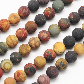 Frosted Round Natural Picture Jasper Beads Strands, 8mm, Hole: 1mm, about 49pcs/strand, 15.5 inch