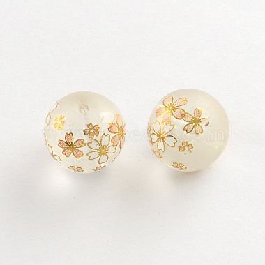 Flower Picture Frosted Transparent Glass Round Beads(X-GFB-R004-14mm-H12)-1
